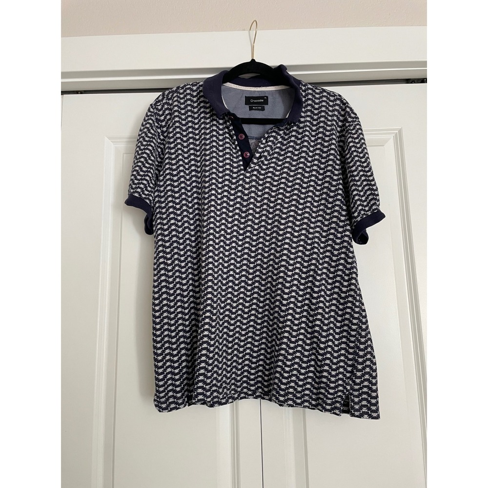 Crocodile Polo Shirt Navy White Geometric Knit Slim Fit Short Sleeve Mens XL